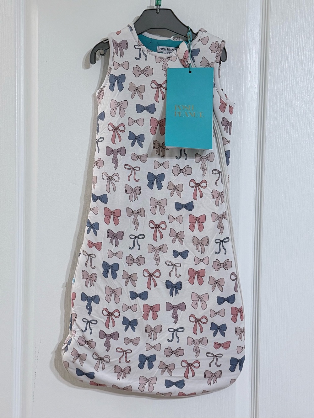 Posh Peanut Cream Sleep Sack with Pink Bow Print and Teal Trim